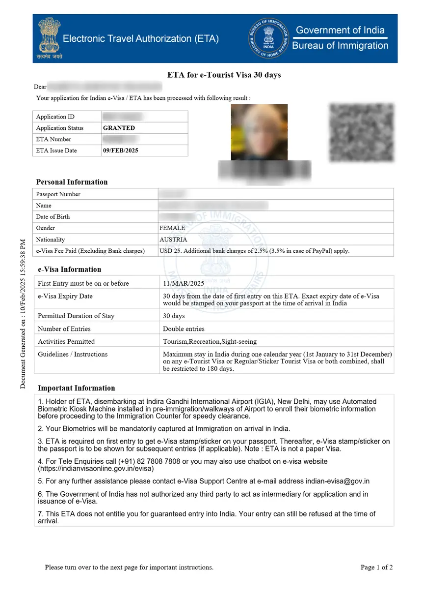 India e-Arrival Card – sample document